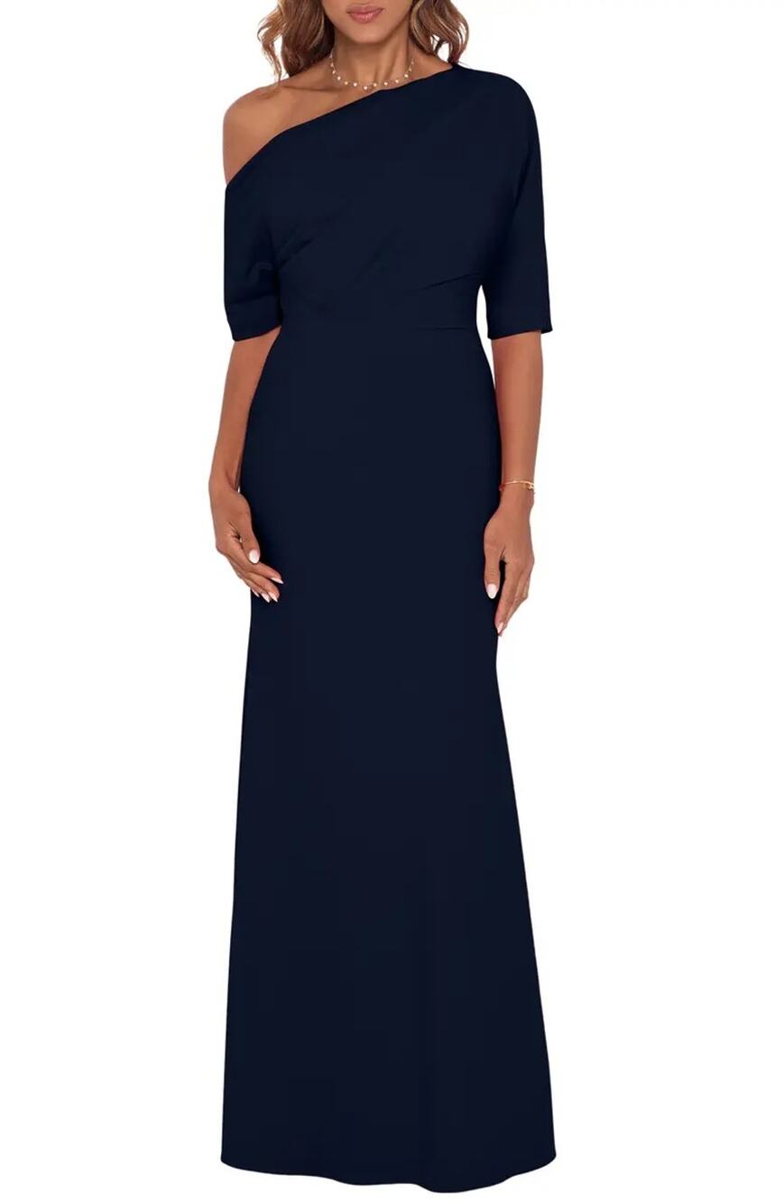 Betsy & Adam Women's 6 Navy One Shoulder Crepe Scuba Trumpet Formal Gown K4-13